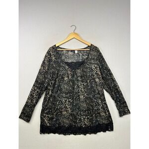 Whimsigoth Basic Editions Women 3X Black Animal Print Lace Trim Tunic Top Mob
